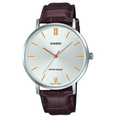 Casio Men's Watch - Quartz Silver Tone Dial Brown Leather Strap Analog | MTP-VT01L-7B2