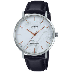 Casio Men's Watch - Quartz White Dial Black Genuine Leather Strap | MTP-VT01LM-7AUDF