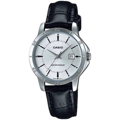 Casio Women’s Watch - Quartz Silver Tone Dial Black Leather Strap | LTP-V004L-7AUDF