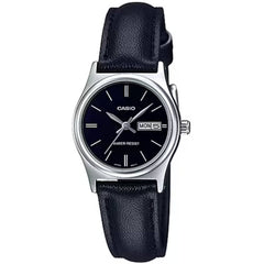 Casio Women’s Watch - Day/Date Steel Case Black Leather Strap | LTP-V006L-1B2UDF