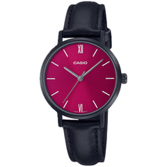Casio Women’s Watch - Quartz Red Dial Black Case Leather Strap | LTP-VT02BL-4AUDF