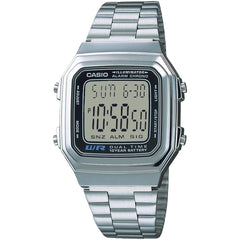 Casio Men's Watch - Dual Time Grey Digital Dial Silver Steel Bracelet | A-178WA-1