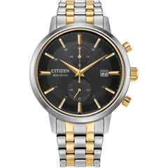 Citizen Men's Watch - Eco-Drive Chrono Black Dial Two Tone Steel Bracelet | CA7064-52E