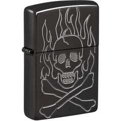 Zippo Windproof Lighter - Flaming Skull Design High Polish Black Finished | 46930
