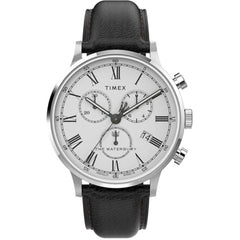 Timex Men's Watch - Waterbury Chronograph White Dial Black Leather Strap | TW2U88100VQ
