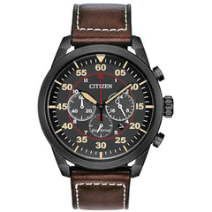 Citizen Men's Watch - Avion Eco-Drive Black Dial Brown Leather Strap | CA4215-47E