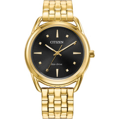 Citizen Women's Watch - Eco-Drive Black Dial Yellow Gold Steel Bracelet | FE7092-50E