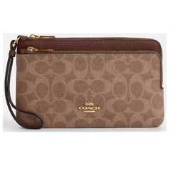 Coach Women's Wallet - Double Zip Signature Canvas, Gold/Tan/Brown | CX161 BRN