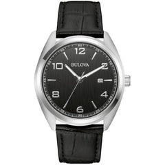 Bulova Men's Watch - Classic Quartz Silver Case Black Dial Leather Strap Date | 96B453