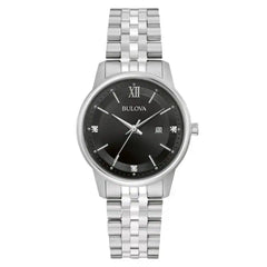 Bulova Women's Watch - Classic Quartz Black Dial Stainless Steel Bracelet | 96P226