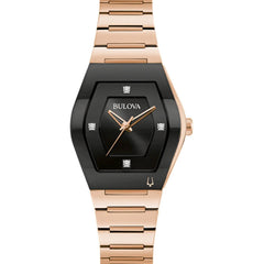 Bulova Women's Watch - Gemini Quartz Black Dial Rose Gold Bracelet Diamond | 97P158