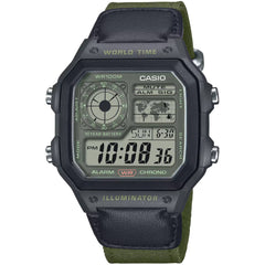 Casio Unisex Digital Watch - World Time Chronograph Green Strap | AE-1200WHUB-3AVCF
