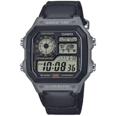 Casio Unisex Watch - World Time Alarm Chrono Grey Fabric Strap | AE-1200WHUB-8AVCF