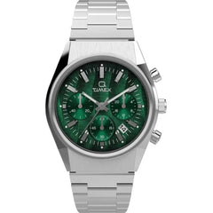 Timex Men's Watch - Q Timex Chronograph Green Dial Silver Steel Bracelet | TW2W33600VQ