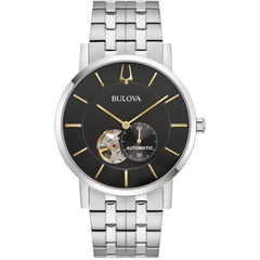 Bulova Men's Watch - American Clipper Automatic Black Open Heart Dial Steel | 96A305