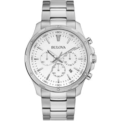 Bulova Men's Watch - Classic Chronograph White Dial Silver Steel Bracelet | 96B335