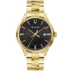 Bulova Men's Watch - Quartz Black Dial Yellow Gold Steel Bracelet Date | 97B228