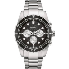 Bulova Men's Watch - Classic Chronograph Black and Silver Dial Bracelet | 98A154