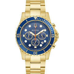 Bulova Men's Watch - Marine Star Quartz Chrono Blue Dial Yellow Gold Bracelet | 98B377