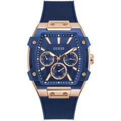 Guess Men's Watch - Phoenix Quartz Rose Gold Case Blue Dial Silicone Strap | GW0956G4