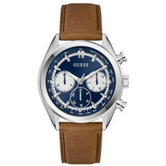 Guess Men's Watch - Quartz Blue and White Dial Brown Leather Strap Date | GW0972G1