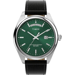 Timex Men's Watch - Legacy Green Dial Black Leather Strap Day-Date | TW2W57300VQ