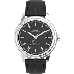 Timex Men's Watch - Waterbury Silver Case Black Dial Leather Strap | TW2Y23000VQ