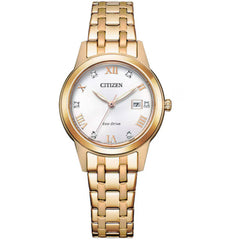 Citizen Women's Watch - Eco-Drive Silver Tone Dial Yellow Gold Bracelet | FE1243-59A