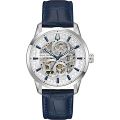 Bulova Men's Watch - Sutton Automatic Silver Skeleton Dial Leather Strap | 96A330