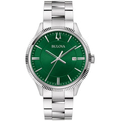 Bulova Men's Watch - Classic Quartz Green Dial Silver Steel Bracelet Date | 96B479