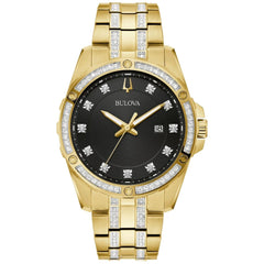 Bulova Men's Watch - Crystal Black Dial Yellow Gold Steel Bracelet Date | 98B399