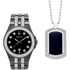 Bulova Men's Watch - Crystal Quartz Black Dial Stainless Steel Bracelet | 98K101