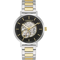 Caravelle Men's Watch - Classic Black and Silver Semi-Skeleton Dial Steel | 45A152