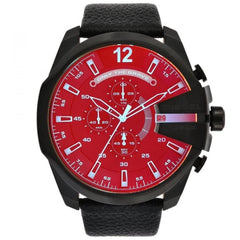 Diesel Men's Watch - Mega Chief Chronograph Red Dial Black Leather Strap | DZ4323