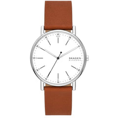 Skagen Men's Analog Watch - Signature Quartz White Dial Brown Leather Strap | SKW6903