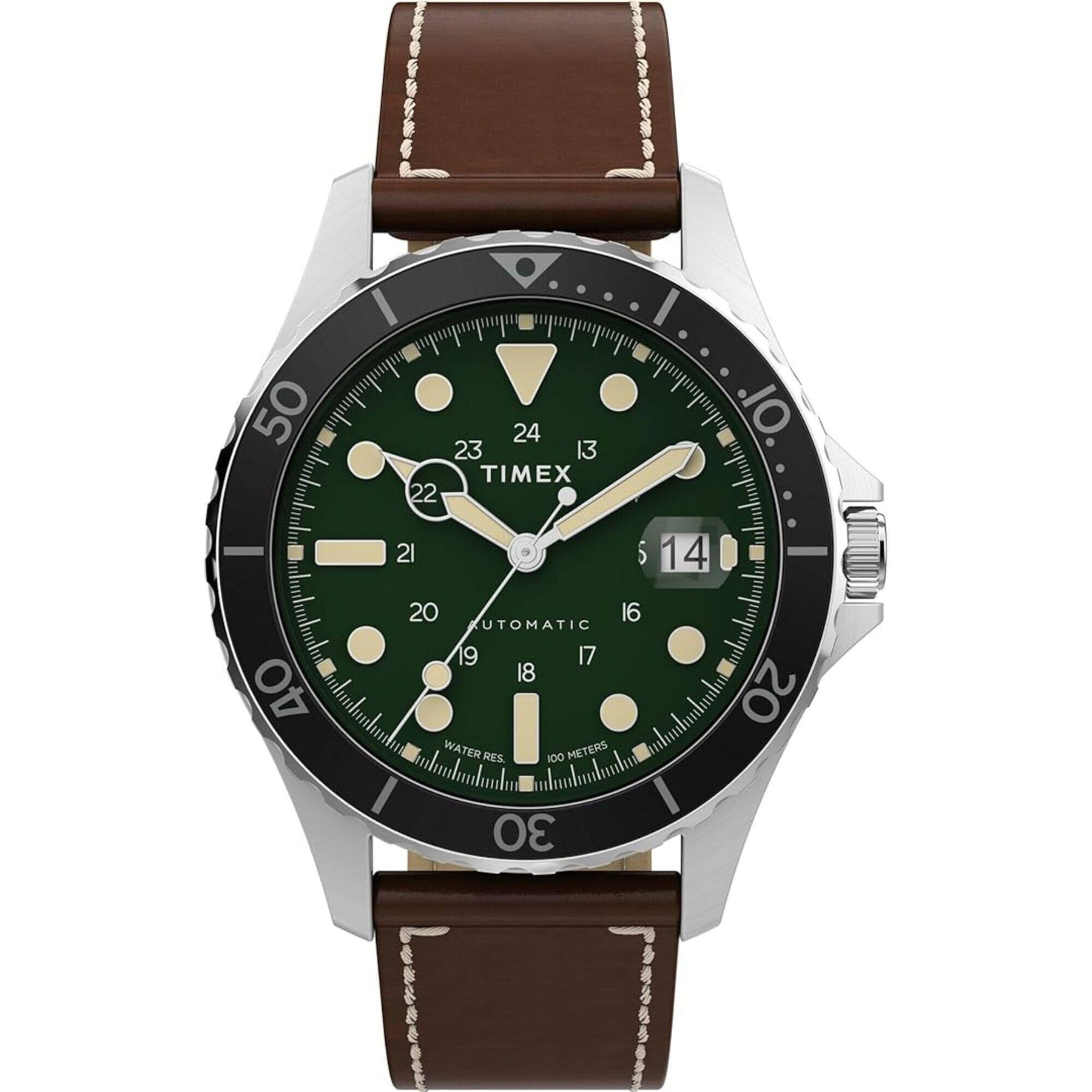 Timex Men's Watch - Automatic Green Dial Brown Leather Strap Date