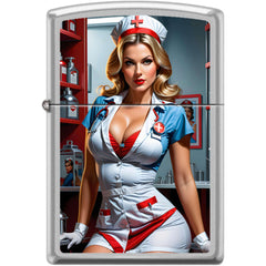 Zippo Windproof Pocket Lighter - Nurse Pinup Design Satin Chrome Metal | XC350