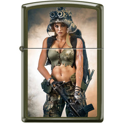 Zippo Windproof Lighter - Girl with A Gun and Unusal Camouflage Green Matte | XC373