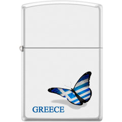 Zippo Windproof Pocket Lighter - Greek Flag Butterfly Design White Matte Metal | XC506