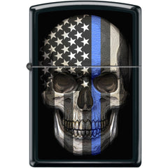 Zippo Windproof Pocket Lighter - Blue Line Skull Design Black Matte Metal | XC514