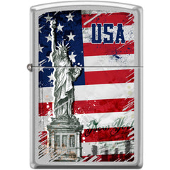 Zippo Windproof Pocket Lighter - USA Statue Liberty Flag Satin Chrome Metal | XC524