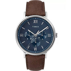 Timex Men's Watch - Southview Blue Dial Brown Leather Strap Day-Date | TW2T35100