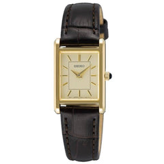 Seiko Women's Watch - Quartz Gold Tone Dial Black Genuine Leather Strap | SWR110P1