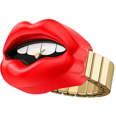 Fossil Women's Ring Watch - Lips Shape Red Case Yellow Gold Bracelet | ES5471
