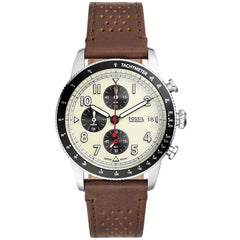 Fossil Men's Watch - Sport Tourer Chronograph Cream Dial Brown Leather Strap | FS6042
