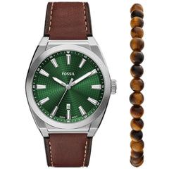 Fossil Men's Watch and Bracelet Set - Everett Green Dial Brown Strap | FS6080SET