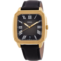 Fossil Men's Watch - Crosby Quartz Yellow Gold Case Black Dial Leather Strap | FS6151