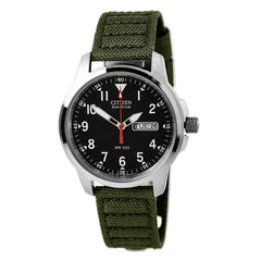 Citizen Men's Eco Drive Watch - Black Dial Green Canvas Strap | BM8180-03E