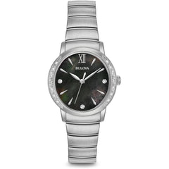 Bulova 96R213 Women's Diamond Accent Watch, Black Dial, Silver-Tone, 28mm