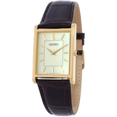 Seiko SWR106P1 Classic Rectangular Men's Gold Dial Dark Brown Leather Strap Watch